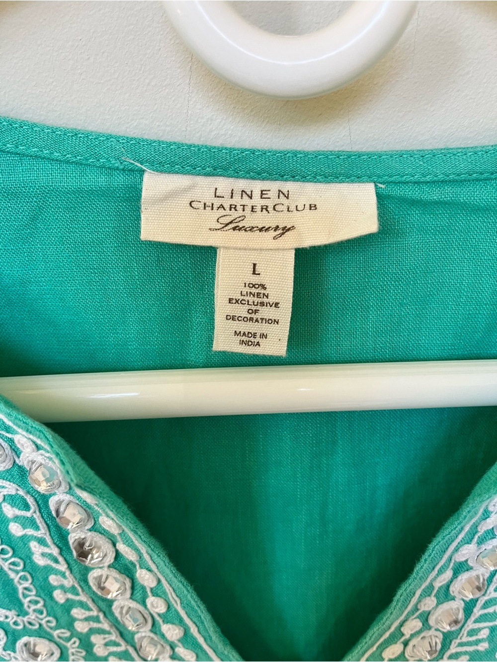 100% Luxury Linen by Charter Club ~ Embroidered Tunic - Aqua ~ Size: Large - Picture 2 of 7